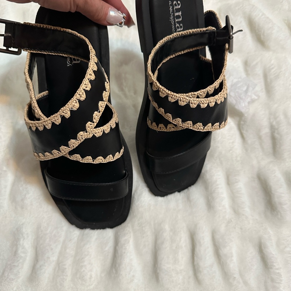 a.n.a Black Platform Sandals with Cream Crochet Trim